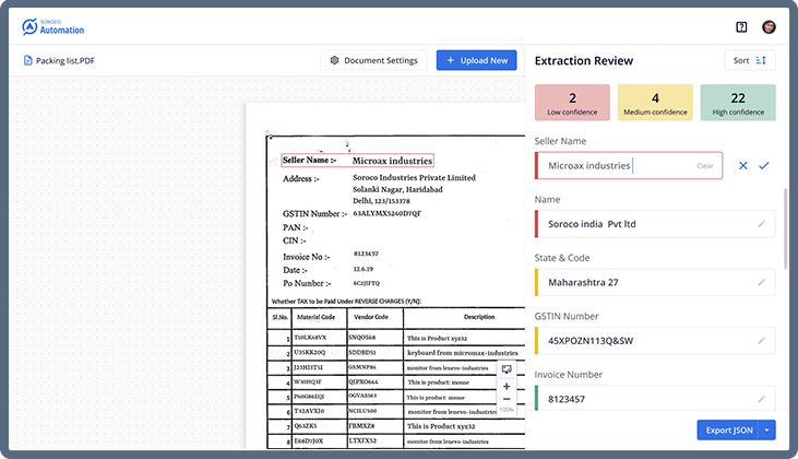 Soroco Automation’s Intelligent Document Processing (IDP) accurately extracting data from complex PDF